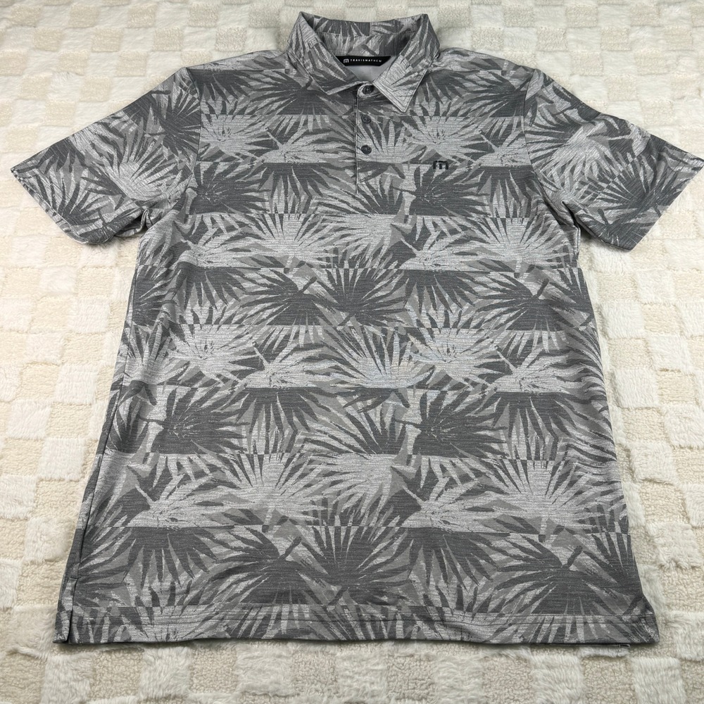 Travis Mathew Men's Palm Leaf Print Polo Shirt Size Large Gray Short Sleeve Golf